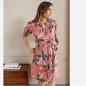 Boden Smocked Linen Shirt Dress Dusty Red Oriental Cascade